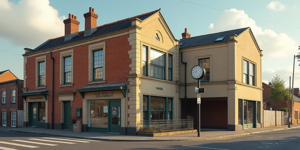 a building with a sign that says the return of the tea company on it's side and a clock on the outsi