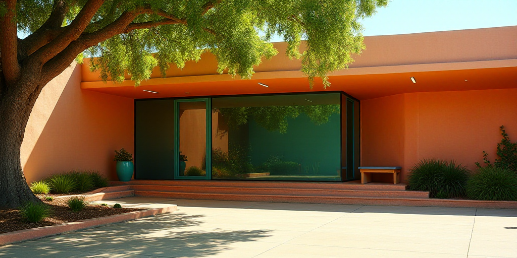 a building with a tree and a bench under a canopy over it's entrance area and a potted plant, Carol