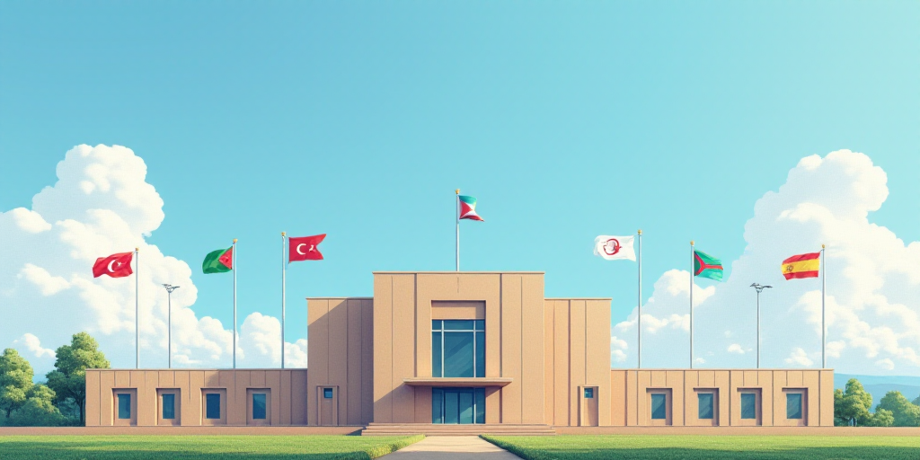 a building with flags in front of it and a sky background with clouds in the background and a few cl