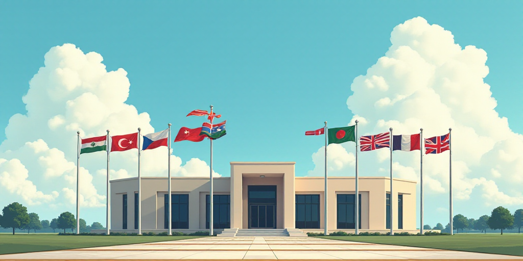 a building with flags in front of it and a sky background with clouds in the background and a few cl