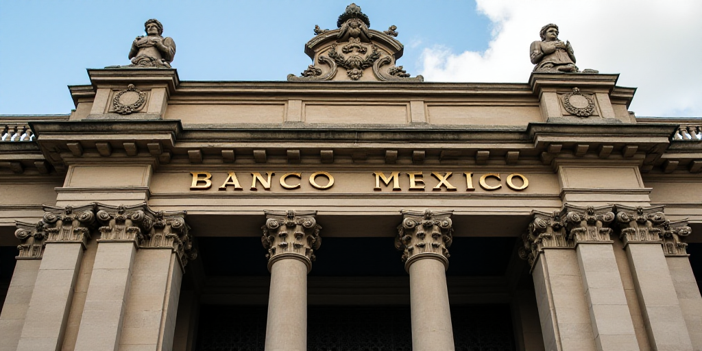 a building with statues on the front of it and a sign above it that says banco mexico on the front,