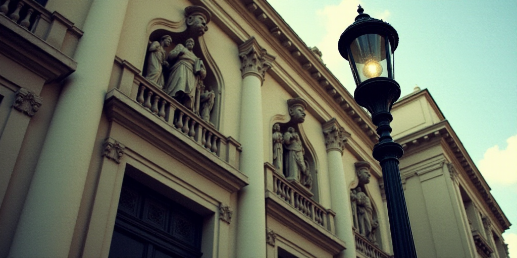 a building with statues on the front of it and a street light in front of it that says banco de mexi
