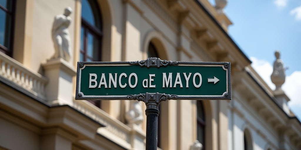 a building with statues on the front of it and a street sign in front of it that says banco de mayo,