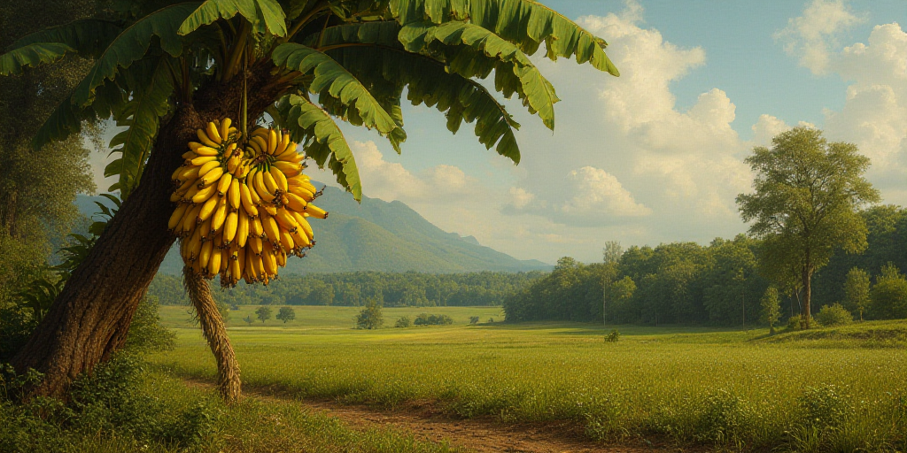 a bunch of bananas hanging from a tree in a field of bananas in the background is a line of trees, B