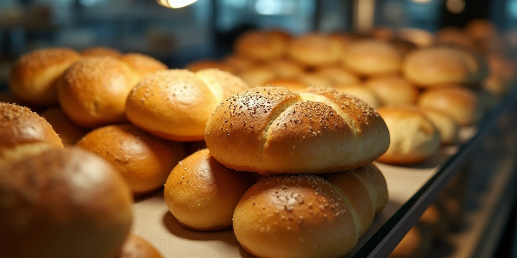 a bunch of bread rolls stacked on top of each other in a store display case with a light on, Delauna