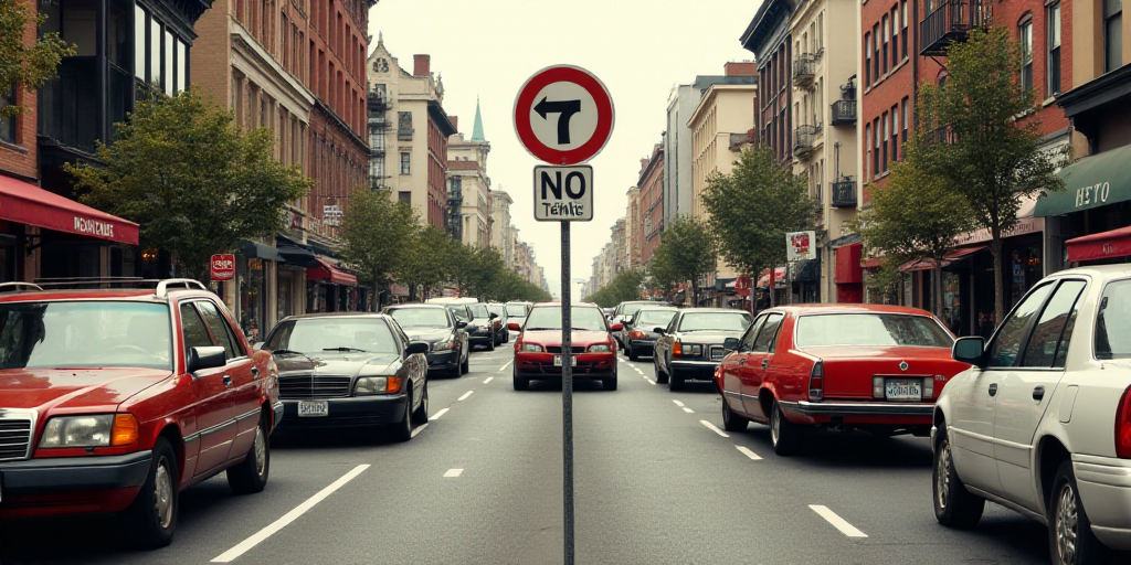 a bunch of cars that are in the street together in traffic, with a no left turn sign in the middle,
