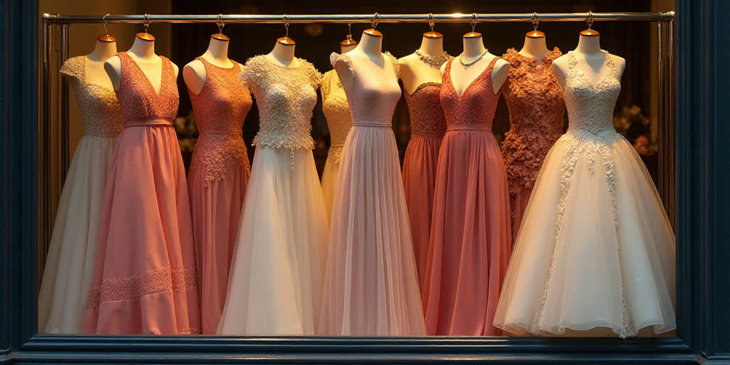 a bunch of dresses are on display in a store window with a price tag on them and a price tag on the