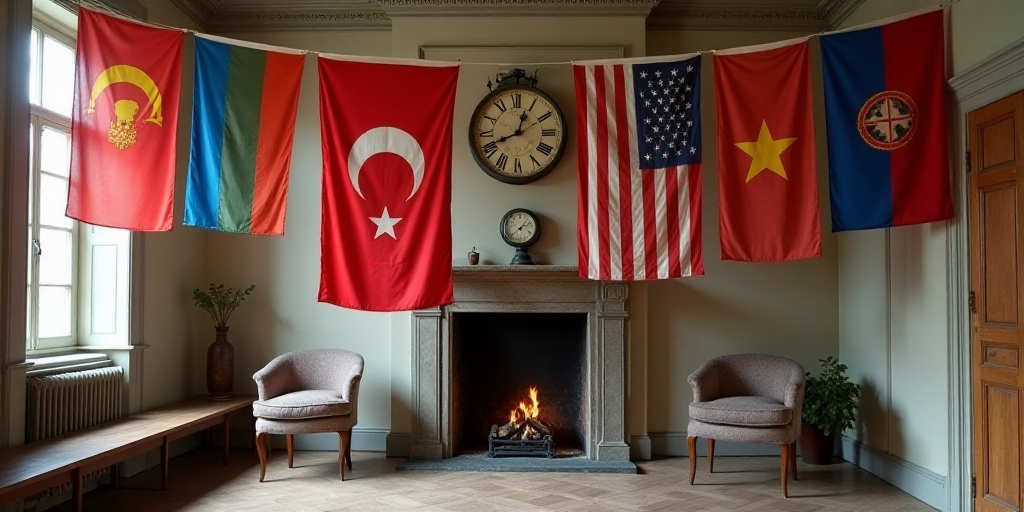 a bunch of flags hanging from a wall in a room with a fireplace in it and a clock on the wall, Flore