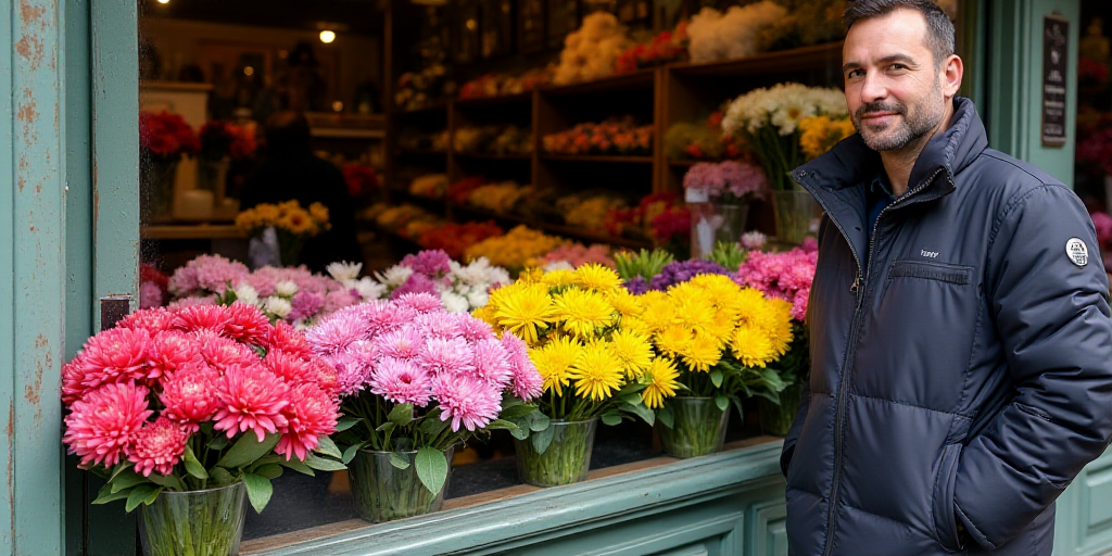 a bunch of flowers are on display in a store window for sale in a market place with a man standing n