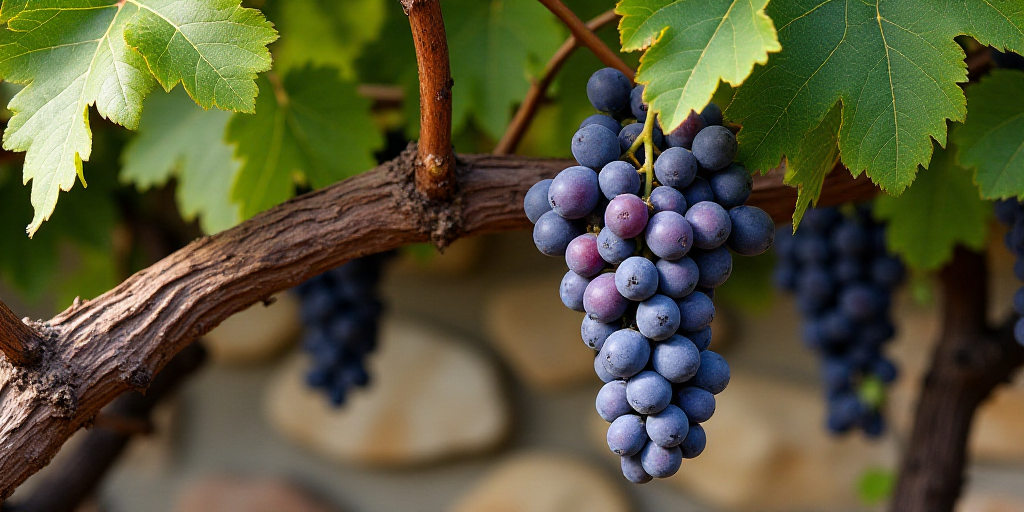 a bunch of grapes hanging from a vine in a vineyard with green leaves on the vine and a stone wall b