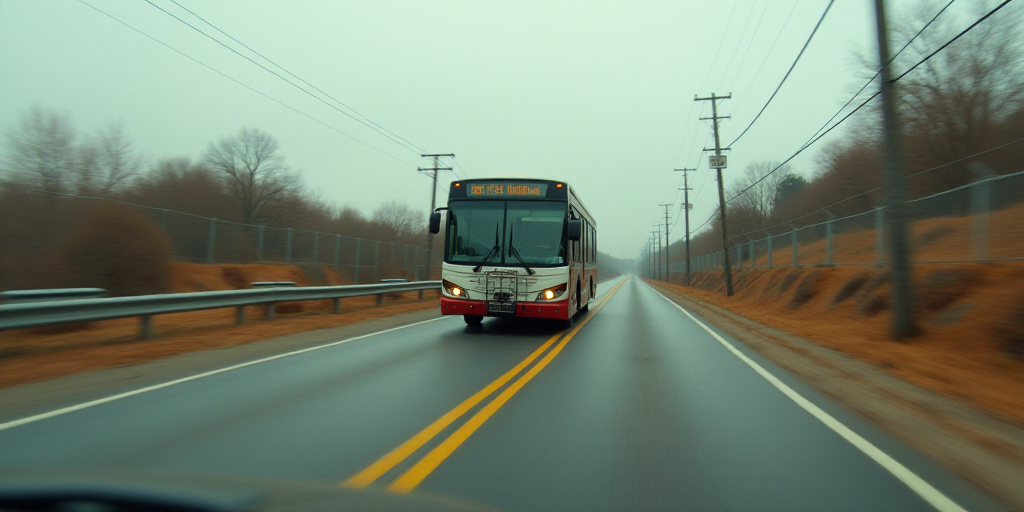 a bus is driving down a road with construction equipment on the side of it and a fence surrounding i