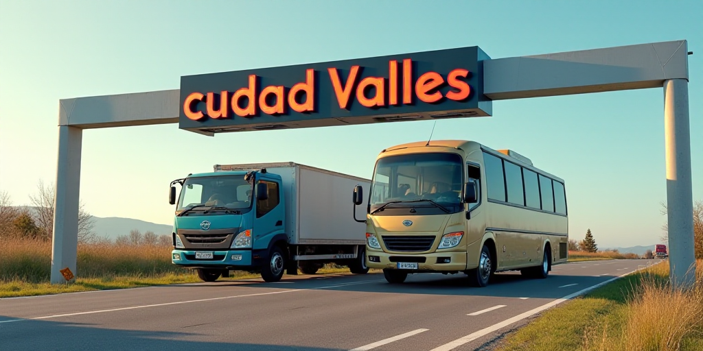 a bus is parked under a sign that reads cudad valles on it's side and a truck is parked under it, Da