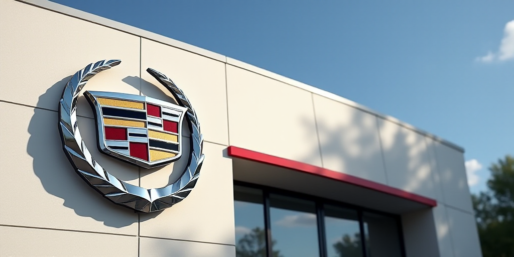 a cadillac logo is shown on a building wall in this picture taken in the usa, with the cadillac logo