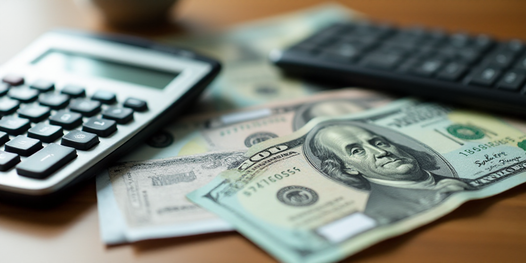 a calculator, money, and a calculator on a table top with a calculator, Aquirax Uno, macro, a stock