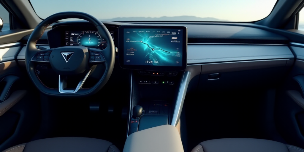 a car dashboard with a display and steering wheel controls in the center of the car, with a blue lig