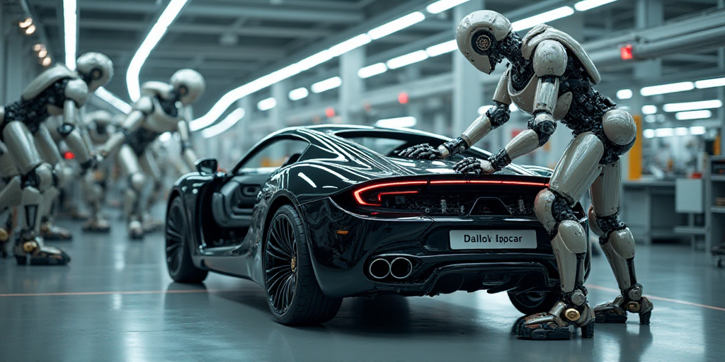a car is being assembled in a factory with robots working on it's parts and assembly line in the bac