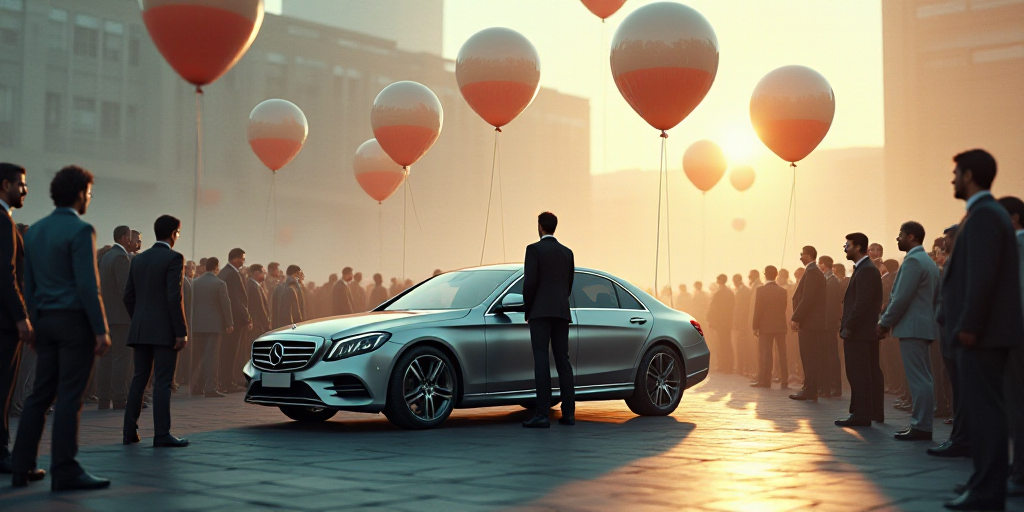 a car is parked in front of a crowd of people with balloons in the air and a man in a suit standing