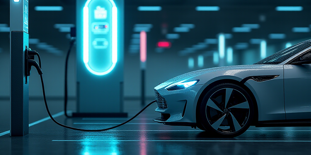 a car plugged into a charger at a station with a charger plugged into the car, Évariste Vital Lumin