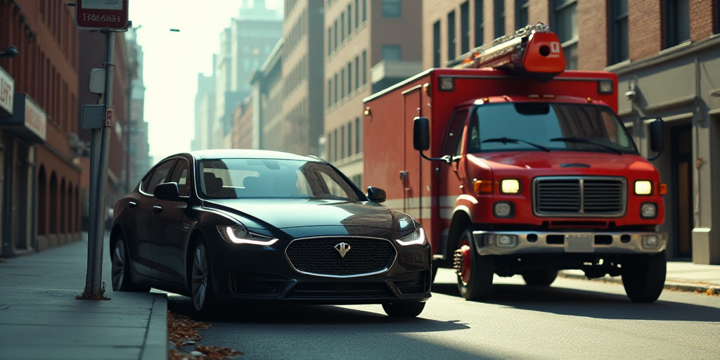 a car that is sitting in the street next to a fire truck and a van with a broken hood, Andrew Geddes