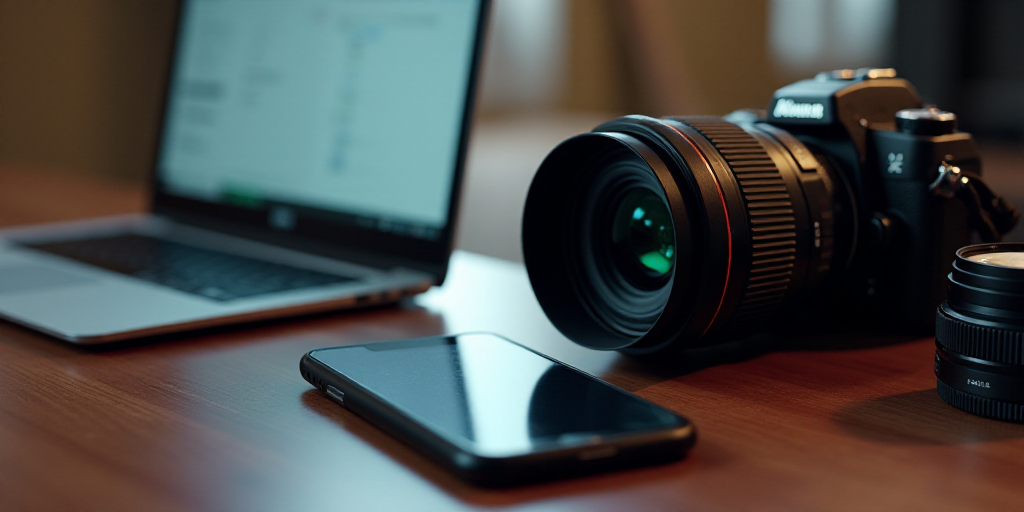 a cell phone, headphones, and a camera on a table with a laptop and a camera lens, Évariste Vital L