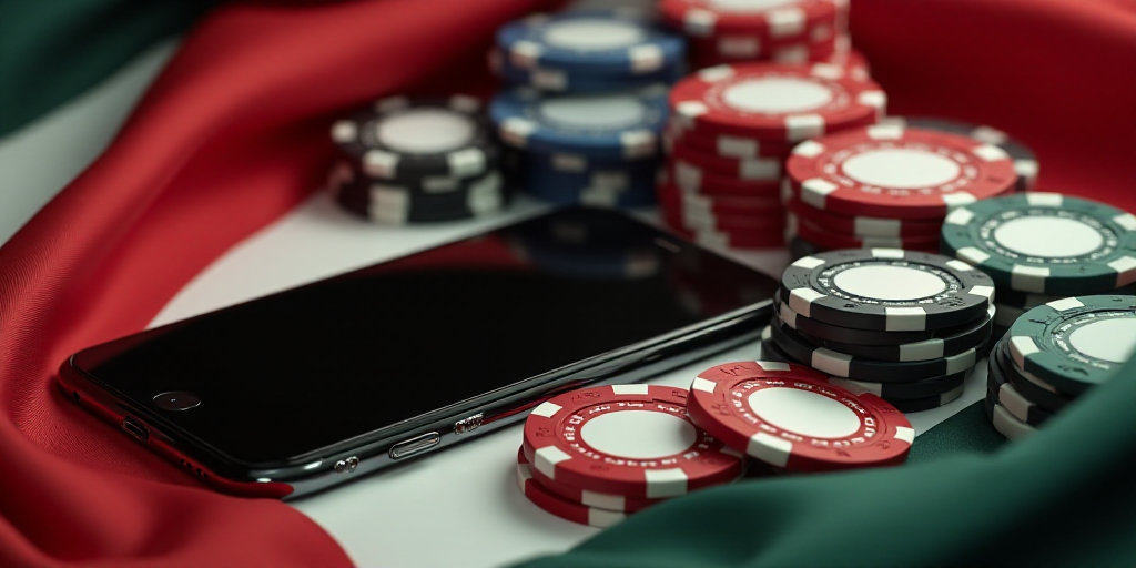 a cell phone sitting on top of a table filled with casino chips and chips next to a flag and a pile