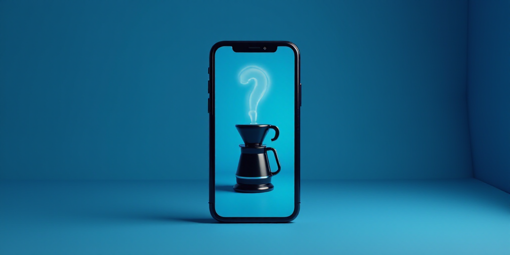 a cell phone with a coffee maker on it's screen and a blue background with a black text box, Doug Oh