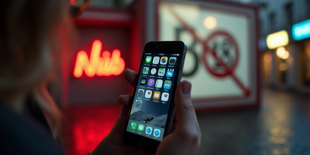 a cell phone with a sign in the background that says porn hub on it and a no 18 sign, Avgust Černig