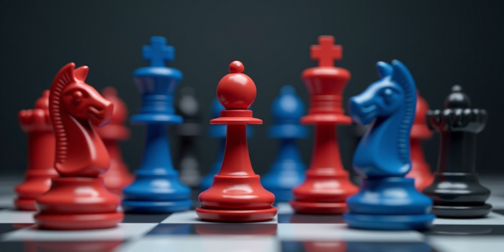 a chess set with a red pawn and blue pawn and a black pawn and a red pawn and a blue pawn, Cao Buxin