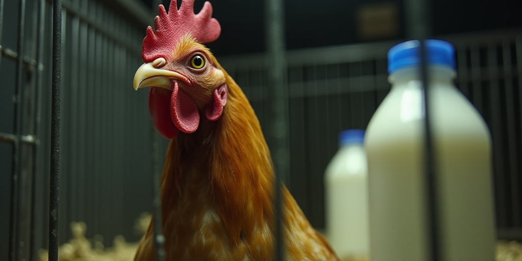 a chicken in a cage with a bottle of milk in the background and a plastic bottle in the foreground,