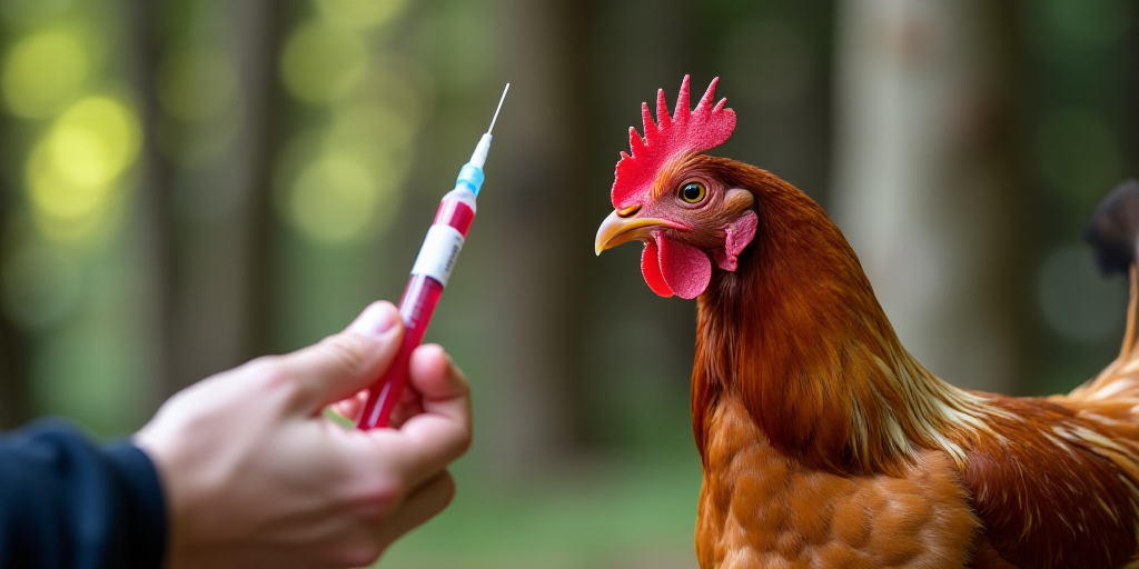 a chicken is in the background with a syring in its hand and a blood test in the foreground, Avgust