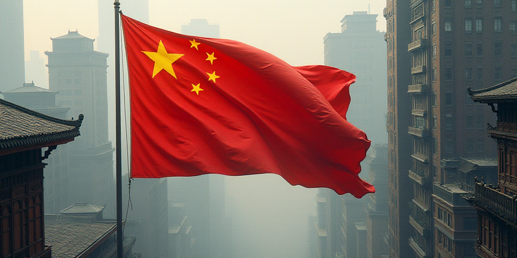 a chinese flag flying in front of a tall building in a city with many windows and balconies, Cui Bai