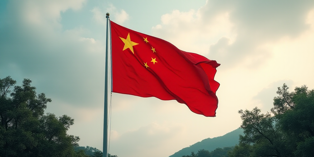 a chinese flag flying in the wind with trees in the background and a cloudy sky in the background,,