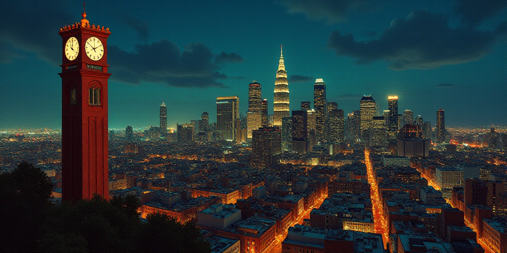 a city skyline with a clock tower lit up at night time with lights on it and buildings in the backgr