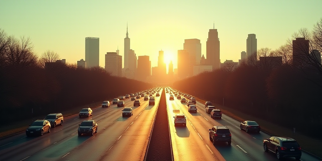 a city skyline with a lot of tall buildings and a lot of traffic on the road in front of it, Clyffor