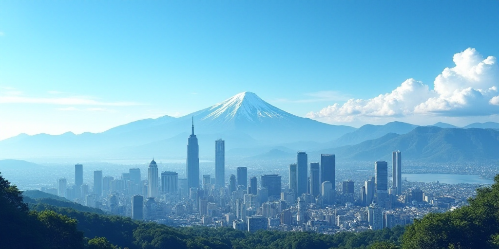 a city skyline with mountains in the background and a blue sky in the foreground with a few clouds,