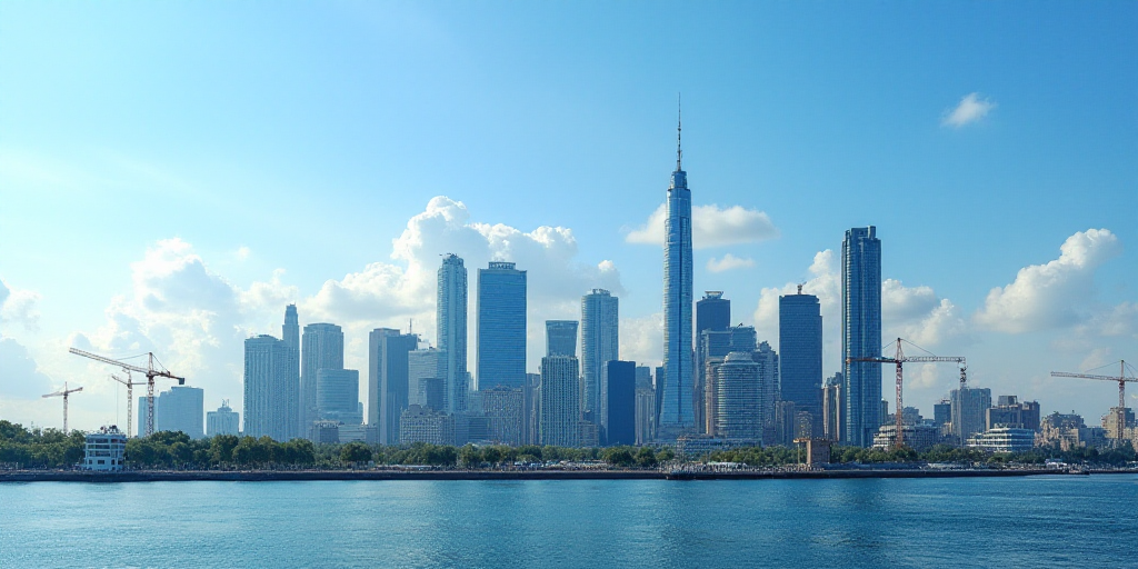 a city skyline with tall buildings and cranes in the background, with a blue sky in the background,