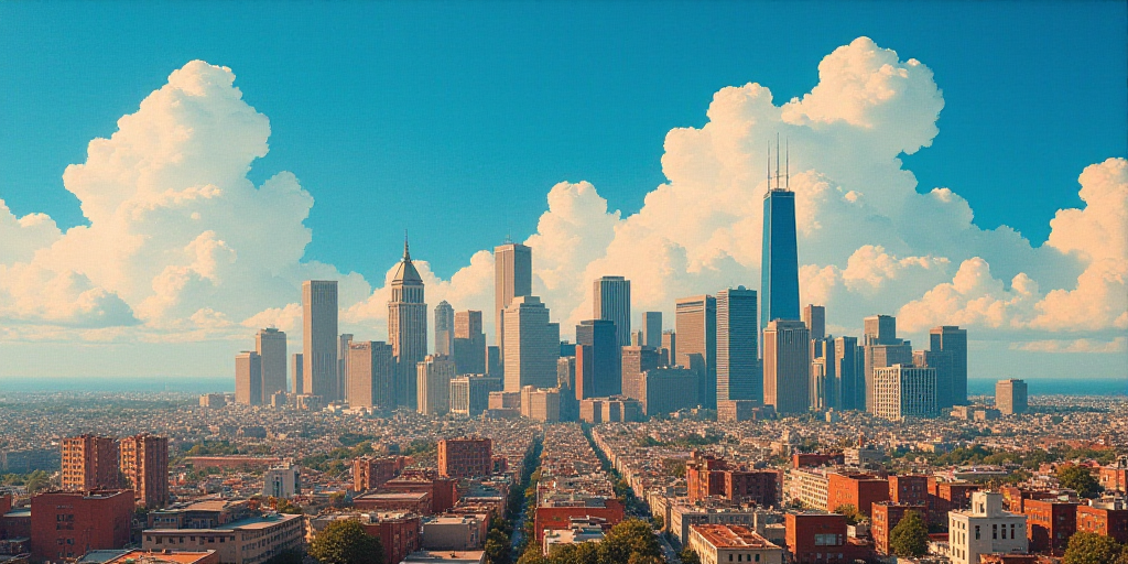a city skyline with tall buildings and a blue sky in the background with clouds in the sky and a few