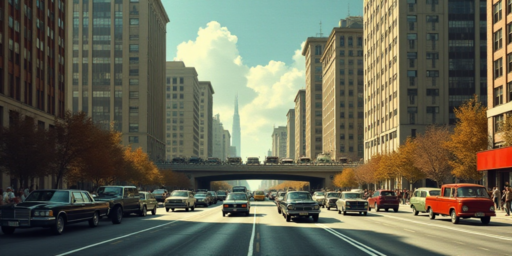 a city street filled with lots of traffic and tall buildings with tall windows and a bridge over it