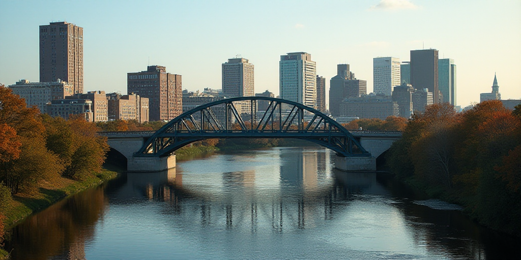 a city with a bridge and a river running through it and a bridge going over it that is over a bridge