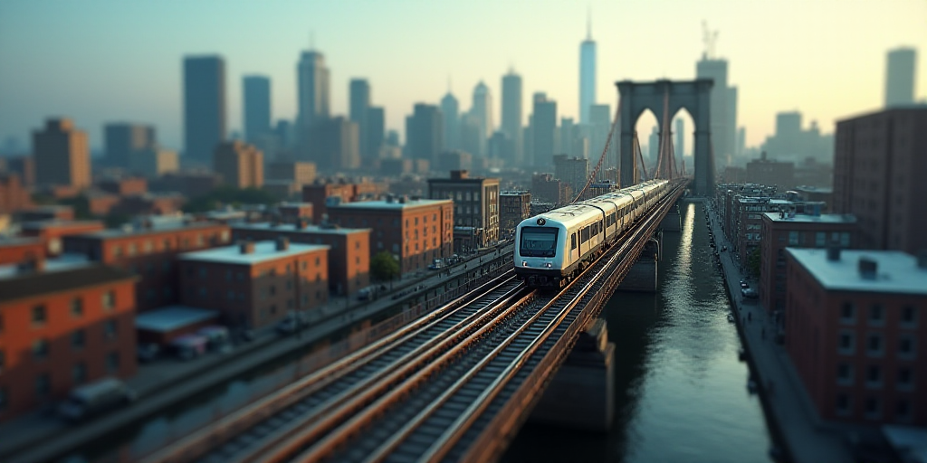 a city with a bridge and a train on it's tracks in the middle of the city, with a lot of buildings i