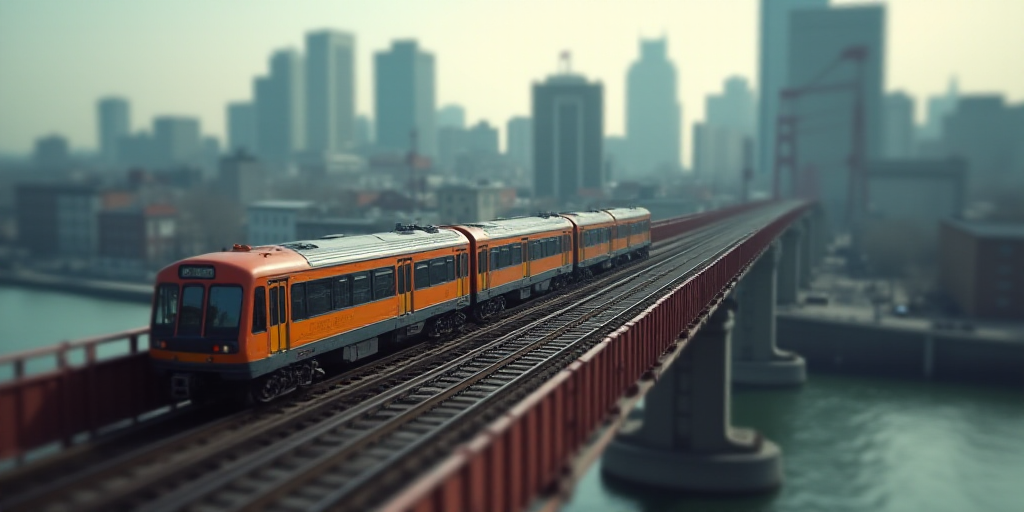 a city with a bridge and a train on it's tracks in the middle of the city, with a lot of buildings i