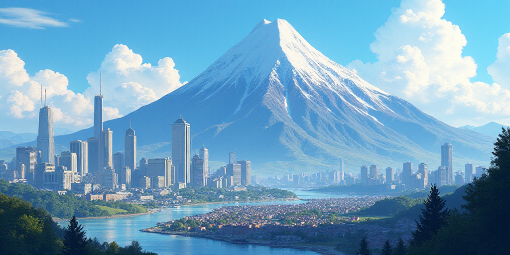 a city with a large blue and white logo on it's side and a mountain in the background, Eddie Mendoza