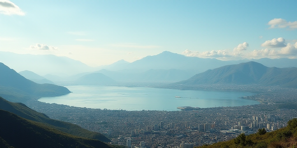 a city with a large body of water in the background and mountains in the background, with a city in