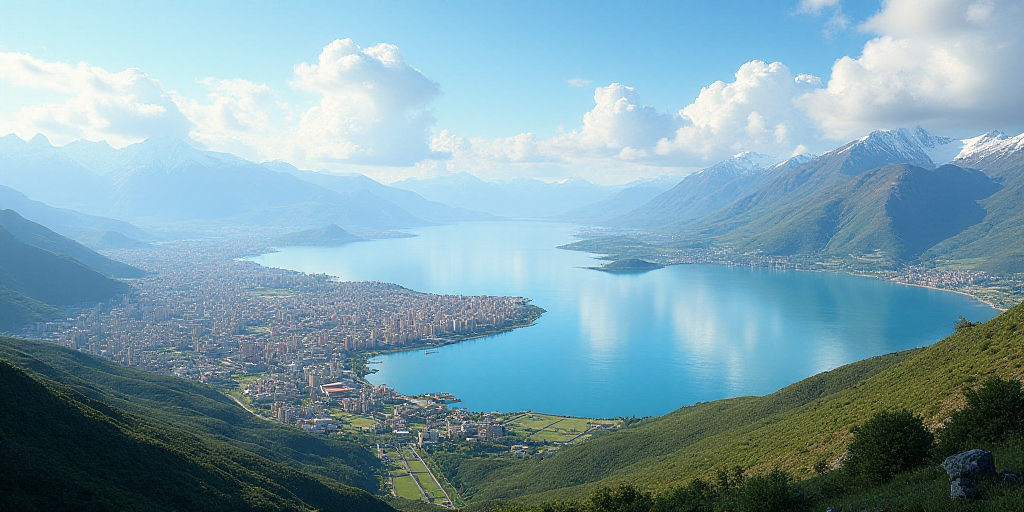a city with a large body of water in the background and mountains in the background, with a city in