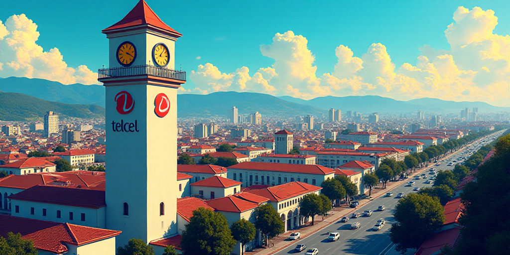 a city with a large clock tower and a telcel logo on it's side and a large city in the background, F