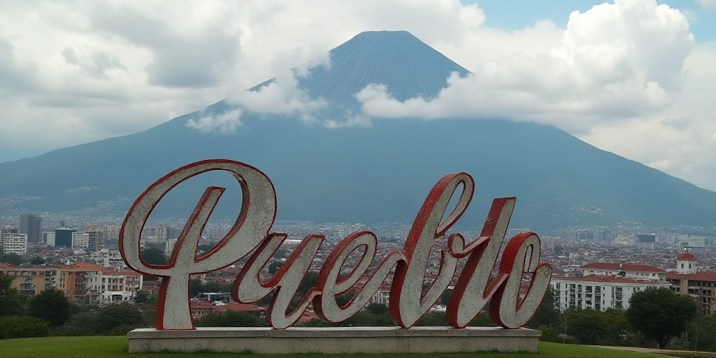 a city with a large sign that says pueblo in front of it and a mountain in the background with a clo