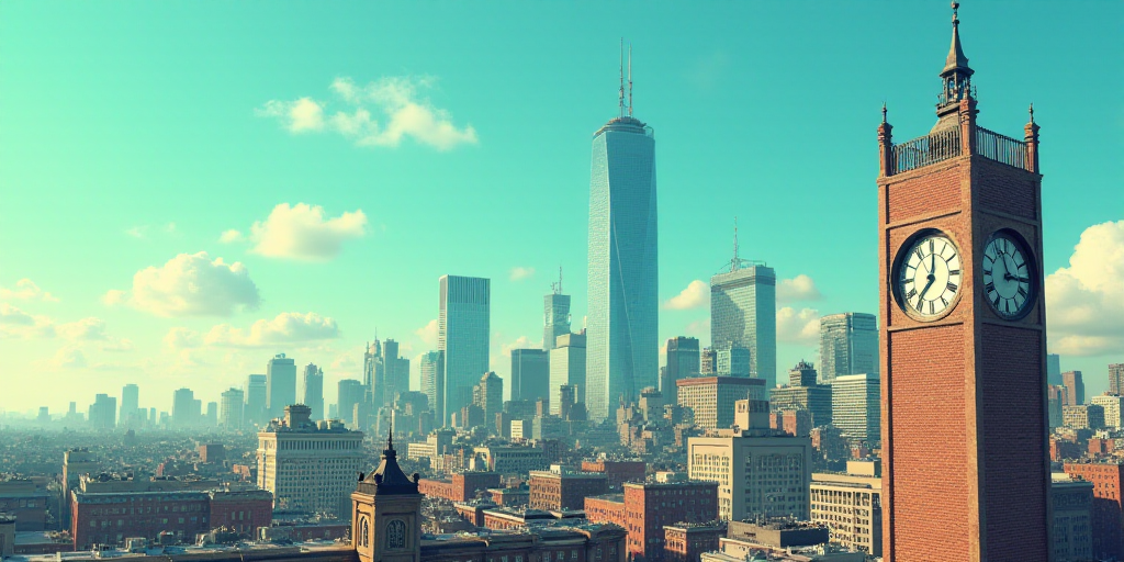 a city with a lot of buildings and a clock on it's side and a blue sky in the background, Eduardo Le
