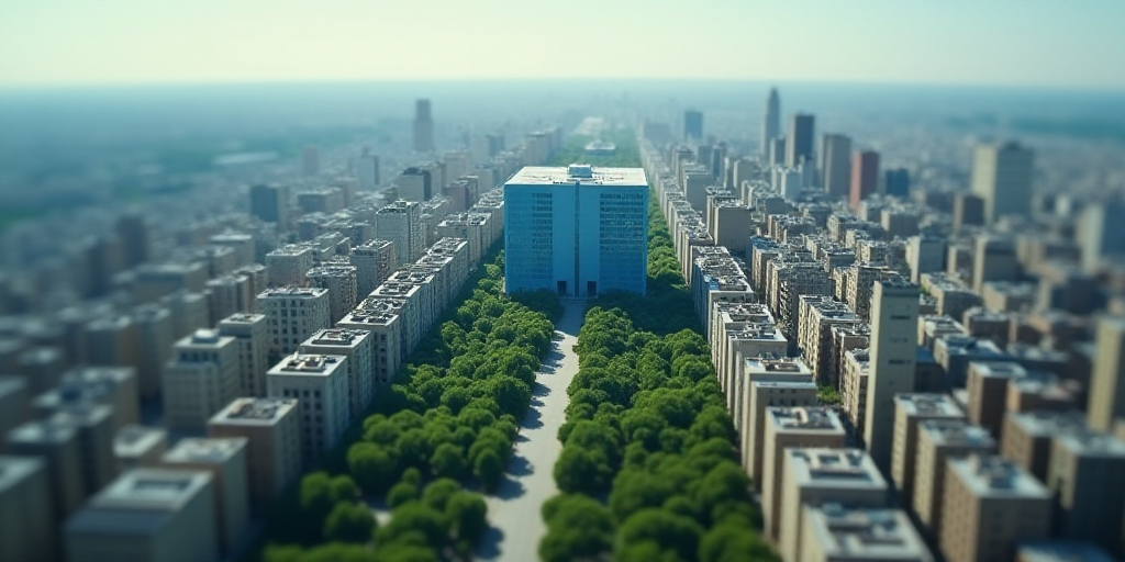 a city with a lot of tall buildings and a lot of trees in the middle of it, and a large blue buildin