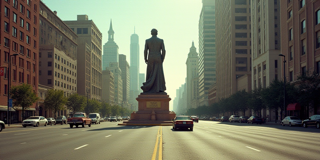 a city with a lot of tall buildings and a statue in the middle of the street with cars driving aroun