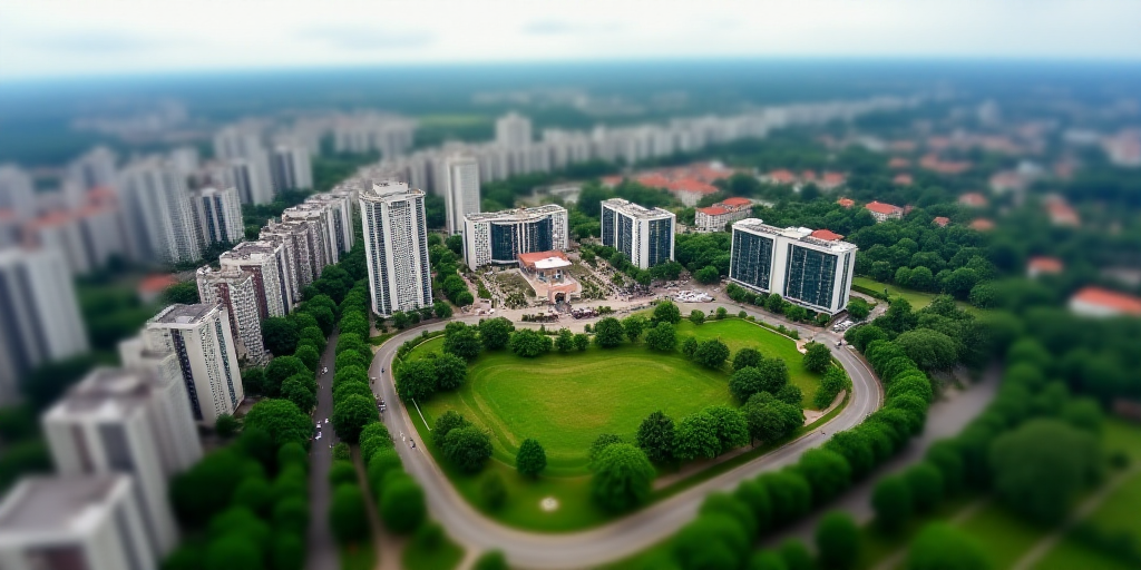 a city with a lot of tall buildings and a green field in the middle of it, and a road running throug